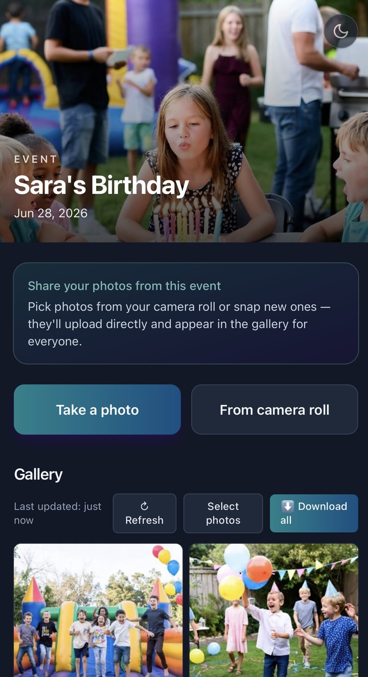 PhotoShare birthday party gallery on a mobile phone