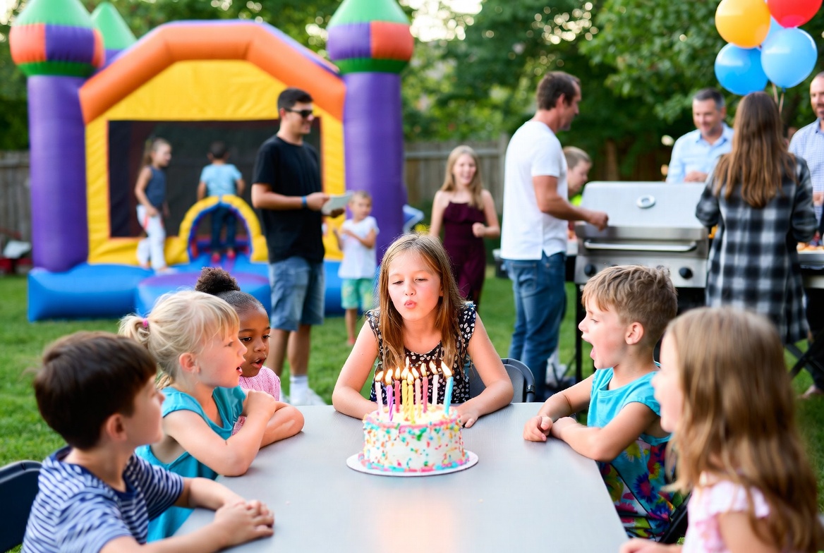 Children gathered around a birthday cake, candles glowing