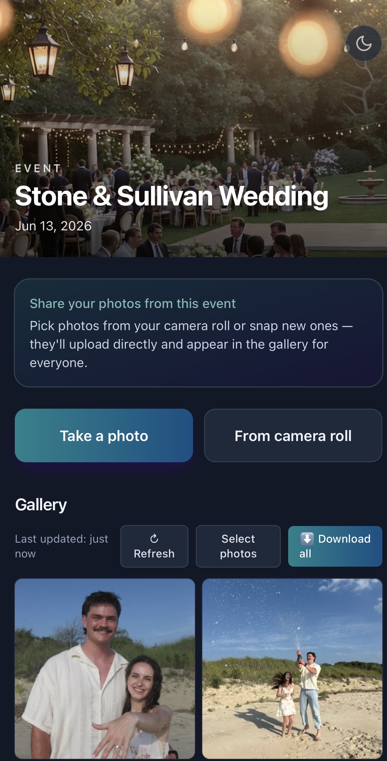 PhotoShare guest upload page on a mobile phone, showing a wedding gallery in progress