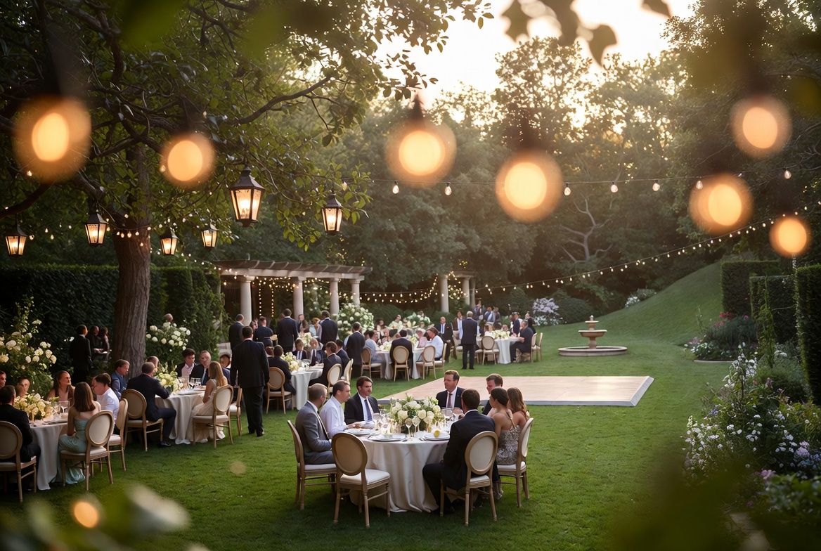 Outdoor wedding reception at dusk with string lights, garden tables, and a dance floor