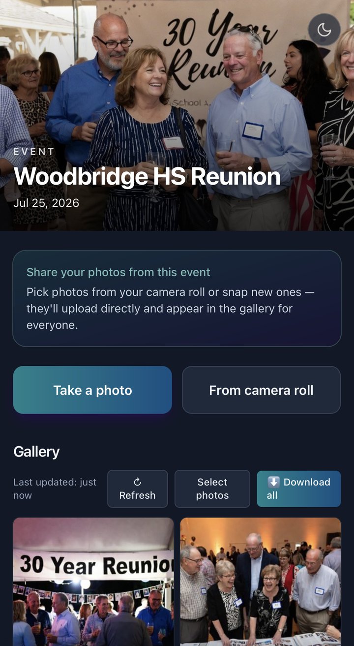PhotoShare reunion gallery on a mobile phone